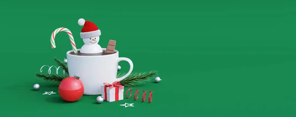 雪人在一杯热巧克力绿色背景 寒假概念3D提供了3D例证 — 图库照片