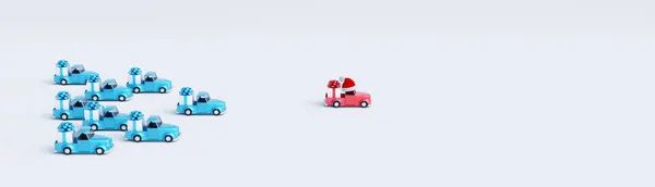新年の贈り物の配達とビジネス競争の概念 贈り物と遅い青の車のグループに対するレースをリードする贈り物と赤い車3Dレンダリングの3Dイラスト — ストック写真
