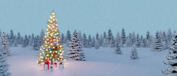 Renkli ışıklar ve hediyelerle süslenmiş Noel ağacı. Kar yağışı ile kış manzarası 3D görüntüleme