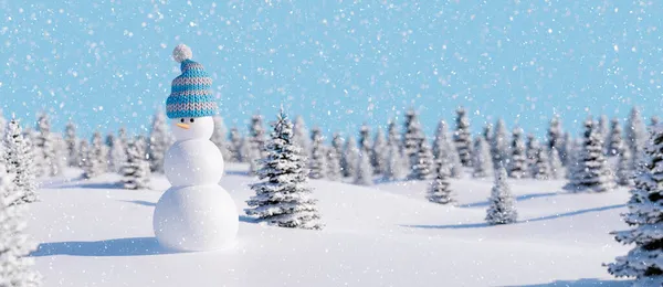 雪人在美丽的雪地森林里 寒假背景3D演示3D — 图库照片