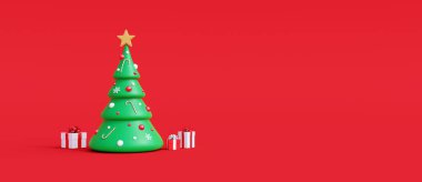 Madalyalı Noel ağacı ve kırmızı zemin üzerinde 3D kopyalama alanı olan hediyeler.