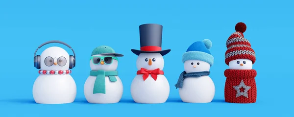 一群蓝色背景的可爱雪人 寒假背景3D演示3D — 图库照片