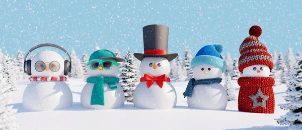 一群可爱的雪人在美丽的雪地森林里 寒假背景3D演示3D — 图库照片