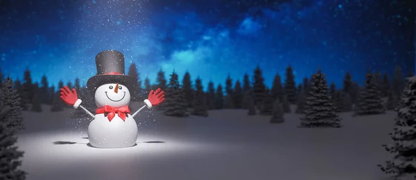 伸着胳膊的雪人在雪地里享受着 冬季假期背景与美丽的雪地森林3D渲染3D插图 — 图库照片