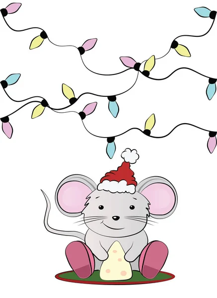 可爱的小老鼠带着圣诞礼帽庆祝新年 吃着用白色隔开的奶酪向量图 — 图库矢量图片