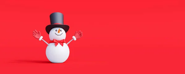 赤い背景の雪だるまかわいい3D文字 メリークリスマスとハッピー新年のコンセプト3Dレンダリング3Dイラスト — ストック写真