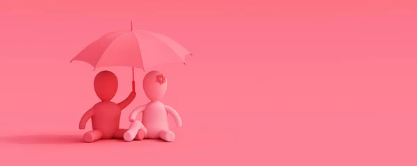 男の子と女の子の愛の傘の下に立つ 愛の概念のカップル バレンタインデーの背景3Dレンダリング3Dイラスト — ストック写真