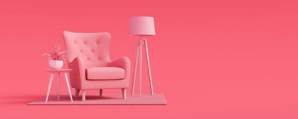 Creative interior design in pink studio with armchair. Minimal color concept. 3d render 3d illustration