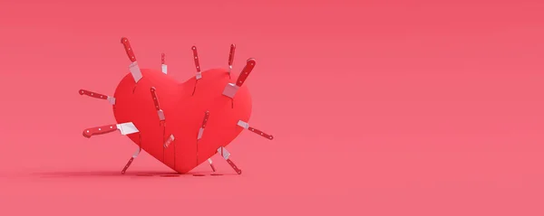 Corazón Apuñalado Con Cuchillos Concepto Corazón Roto Sobre Fondo Rosa — Foto de Stock