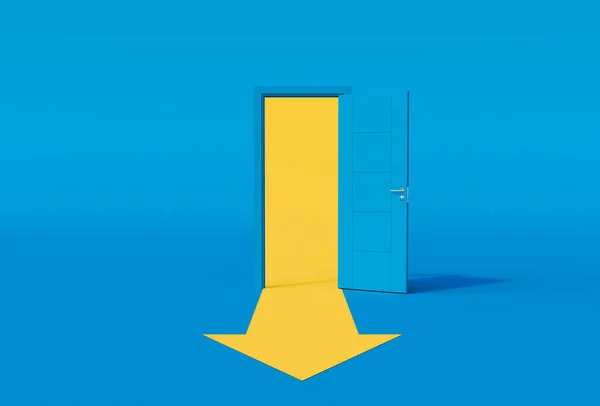 Modré Otevřené Dveře Žlutá Šipka Vyjde Modrém Pozadí Vykreslení Ilustrace — Stock fotografie