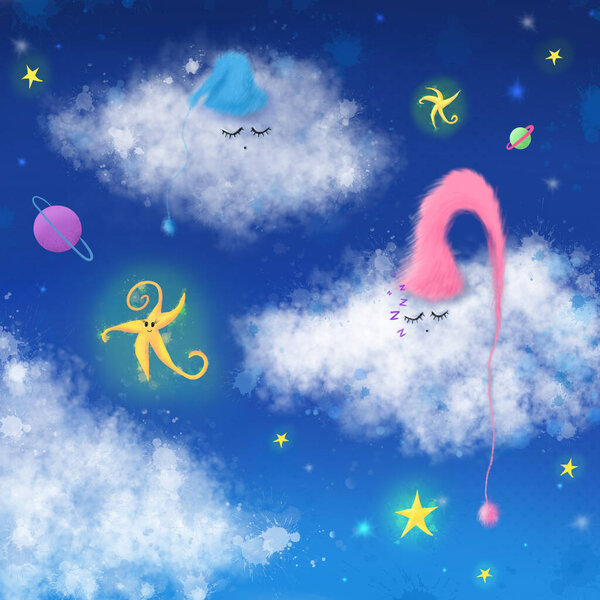 Cute sleepy clouds on the sky, sweet dreams and good night background hand draw illustration