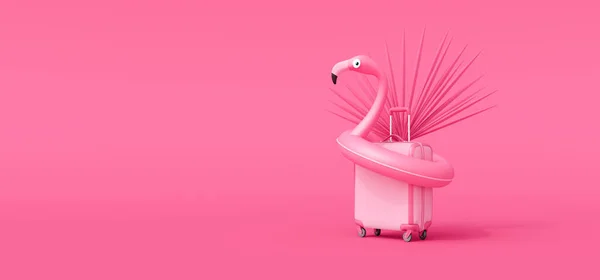 ピンクの背景に旅行スーツケース付きピンクフラミンゴ 夏休みのコンセプト3Dレンダリング3Dイラスト — ストック写真