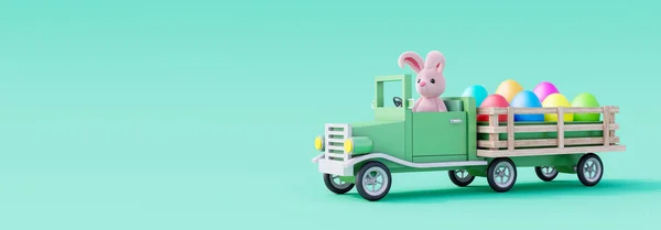 かわいいイースターバニーは車を運転し カラフルな塗装卵を運ぶ 緑の背景にイースター休暇のコンセプト3Dレンダリング3Dイラスト — ストック写真