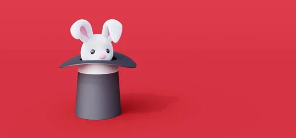 可愛い白いウサギが帽子から出てきます 魔術師トリックコンセプト上の赤の背景3Dレンダリング3Dイラスト — ストック写真