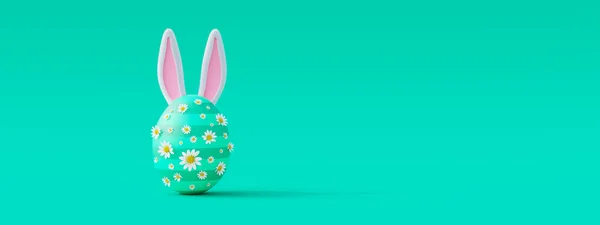 緑の背景に花やウサギの耳を持つ創造的なイースターエッグ コピースペースで最小限のコンセプト3Dレンダリング3Dイラスト — ストック写真