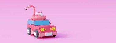 Pembe pastel arka planda flamingo olan pembe oyuncak araba. 3B Render 3D illüstrasyon yaratıcı asgari yaz fikri