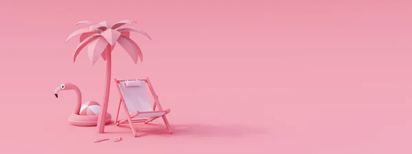 Beach Chair Pink Flamingo Palm Tree Pink Background Creative Minimal — Stock Photo, Image