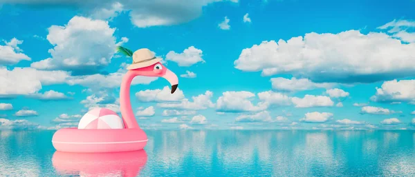 Bóia Salva Vidas Flamingo Rosa Mar Azul Verão Férias Conceito — Fotografia de Stock