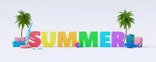 Sommertext Mit Strandaccessoires Auf Weißem Hintergrund Kreative Bunte Sommer Konzept — Stockfoto