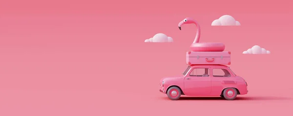 Bagajlı araba ve pastel pembe arka planda flamingo. Yaratıcı yaz konsepti 3B Render 3D illüstrasyon