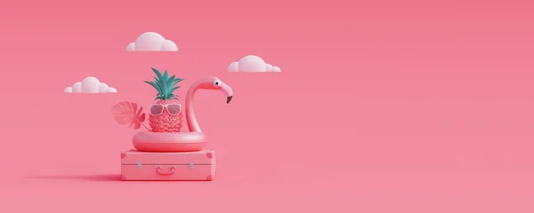 ピンクの背景に夏の旅行のコンセプト3Dレンダリング3Dイラスト — ストック写真