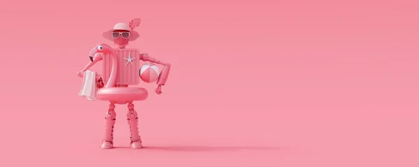 Summer Travel Concept Pink Background Artificial Intelligence Humanoid Robot Ready — Stock Photo, Image