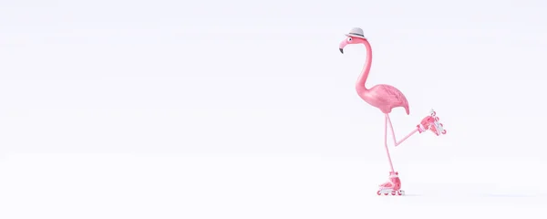 ピンクフラミンゴは白い背景に隔離されたローラースケートに乗る 夏の旅行のコンセプト3Dレンダリング 3Dイラスト — ストック写真