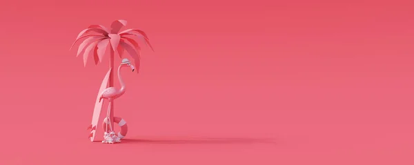 ヤシの木とサーフボードとローラースケートでピンクフラミンゴ 夏の旅行のコンセプト3Dレンダリング 3Dイラスト — ストック写真