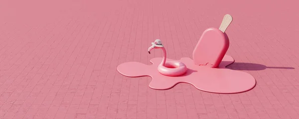 Sorvete Vara Está Derretendo Calçada Com Cinto Vida Flamingo Estão — Fotografia de Stock