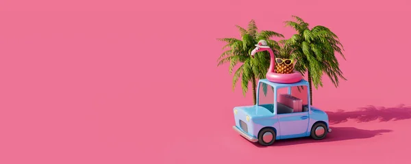 Roztomilé Auto Palmami Nafukovacím Plameňákem Růžovém Pozadí Creative Summer Travel — Stock fotografie