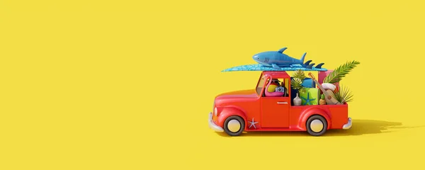 Red car with luggage and beach accessories ready for summer travel. Creative summer concept on yellow background 3D Render 3D illustration