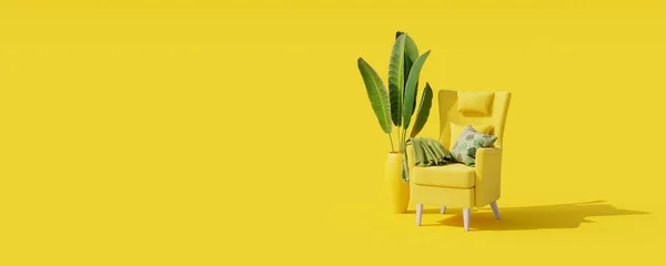 Creative Interior Design Yellow Background Yellow Armchair Green Plant Minimal — Stock fotografie