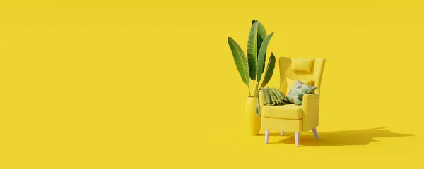 Creative interior design on yellow background with yellow armchair and green plant. Minimal color concept. 3d render 3d illustration