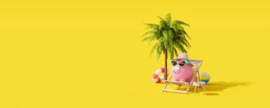 Kumsal sandalyesinde sarı arka planda dinlenen kumbara. Yaz tatili konsepti 3D görüntüleme