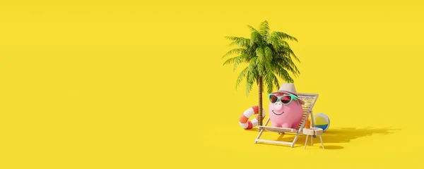 Piggy Bank Resting Beach Chair Yellow Background Summer Vacation Concept — Stock Fotó