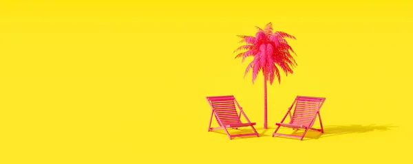 Pink Palm Tree Beach Chairs Yellow Background Summer Travel Concept — Stock Photo, Image
