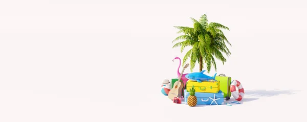 Summer Vacation Concept Palm Tree Travel Accessories White Background Render — 스톡 사진
