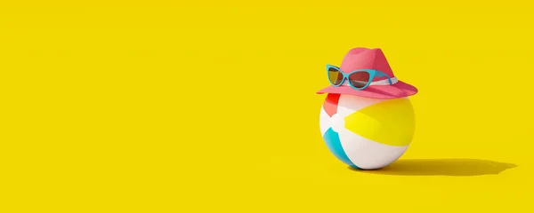 Hat Sunglasses Rubber Ball Yellow Background Summer Holiday Concept Render — Stock fotografie