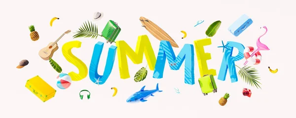 Bunte Sommertexte Mit Fliegenden Strandaccessoires Auf Weißem Hintergrund Kreatives Sommerferienkonzept — Stockfoto