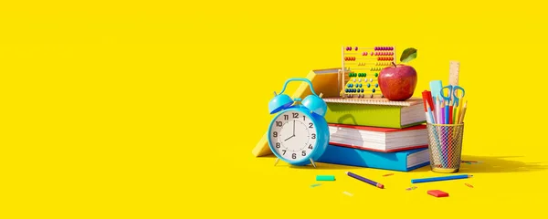 Back School Concept Yellow Background Books Colorful Pencils Abacus Render — Foto de Stock