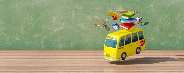 Jumping School bus with school supplies in classroom. Back to school concept on wooden table with chalkboard in the background 3D Render 3D Illustration