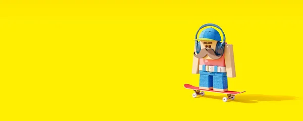 Colorful Modern Character Mustache Headphones Rides Skateboard Yellow Background Render — 스톡 사진