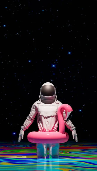 Astronauta Nadmuchiwanym Flamingiem Obcej Planecie Skład Pionowy Renderować Ilustracja — Zdjęcie stockowe