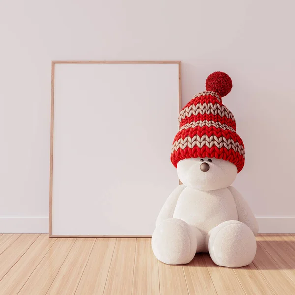 Teddybjörn Med Röd Hatt Sittande Golvet Mock Semester Koncept Med — Stockfoto