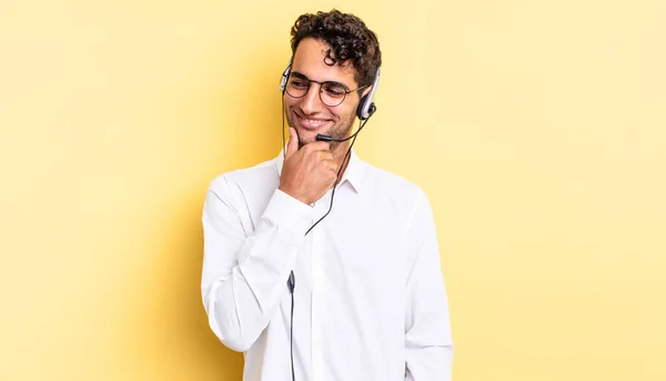 Hispanic Handsome Man Smiling Happy Confident Expression Hand Chin Telemarketer — Stock Photo, Image