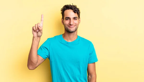 Hispanic Handsome Man Smiling Cheerfully Happily Pointing Upwards — Stock Photo, Image