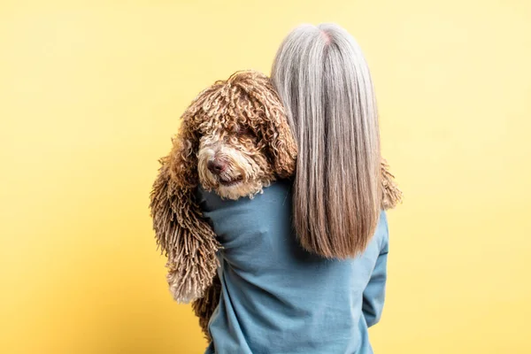 Mulher Cabelo Grisalho Animal Estimação Conceito Cão — Fotografia de Stock