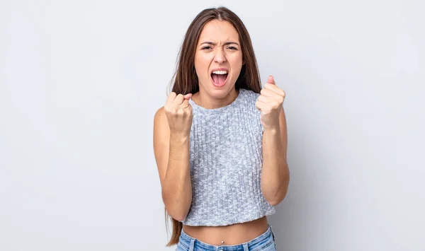 Hispanic Pretty Woman Shouting Aggressively Annoyed Frustrated Angry Look Tight — Stock Photo, Image