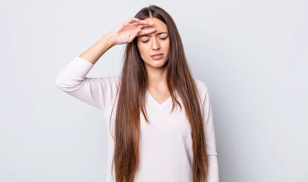 Hispanic Pretty Woman Looking Stressed Tired Frustrated Drying Sweat Forehead — Stock Photo, Image