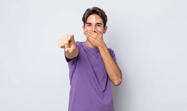 Young Handsome Hispanic Man Laughing You Pointing Camera Making Fun — Stock Photo, Image